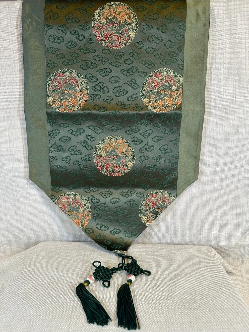 VINTAGE Silk Brocade Table Runner Sage Green & Gold NEW